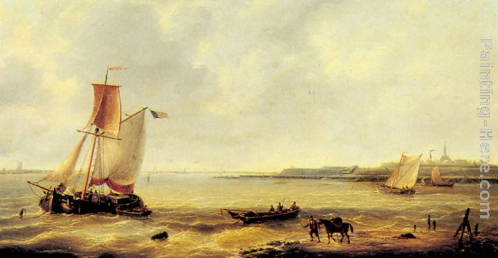 Fishing off a Jetty with a Village Beyond painting - Louis Verboeckhoven Fishing off a Jetty with a Village Beyond art painting
